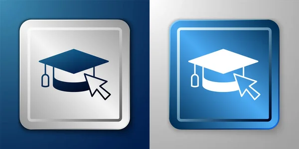 Witte Graduation Cap Met Cursor Pictogram Geïsoleerd Blauwe Grijze Achtergrond — Stockvector