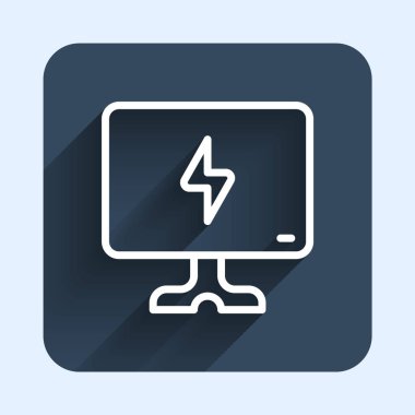 Beyaz çizgi Akıllı TV simgesi uzun gölge arkaplanı ile izole edildi. Televizyon tabelası. Mavi kare düğme. Vektör.