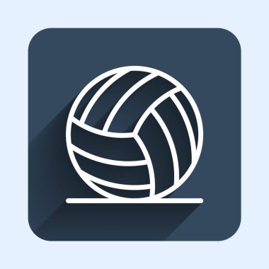 Beyaz çizgi voleybol ikonu uzun gölge arkaplan izole. Spor malzemeleri. Mavi kare düğme. Vektör.