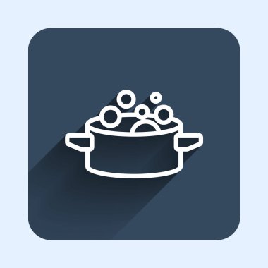 Beyaz çizgi tencere pişirme ikonu uzun gölge arkaplan izole. Haşlama ya da güveç besin sembolü. Mavi kare düğme. Vektör.