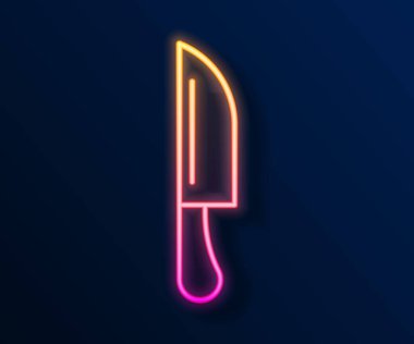 Parlayan neon çizgili bıçak simgesi siyah arkaplanda izole edildi. Çatal bıçak sembolü. Vektör.