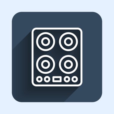 Beyaz çizgi doğalgaz soba simgesi uzun gölge arkaplan izole. Mutfak tabelaları. Dört daire ocağı olan bir hob. Mavi kare düğme. Vektör.