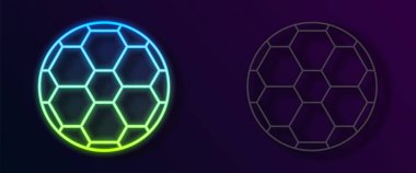 Parlayan neon hattı futbol topu ikonu siyah arka planda izole edildi. Spor malzemeleri. Vektör.