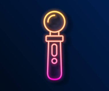 Parlayan neon hattı VR denetleyici oyun simgesi siyah arkaplanda izole edildi. Sanal gerçeklik deneyimi, mevcudiyet hissi, konum takip teknolojisi cihazı. Vektör.