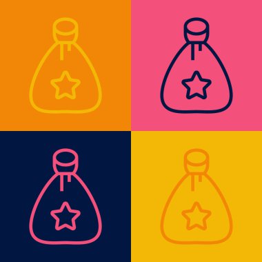 Pop sanat çizgisi Noel Baba hediye çantası ikonu renk arka planında izole edilmiş. Noel hediyeleri çuvalı. Mutlu Noeller ve mutlu yıllar. Vektör.