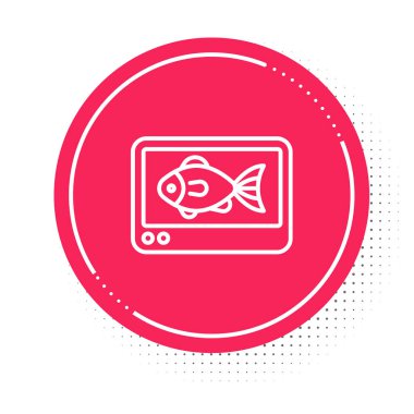 Beyaz çizgi Balık Bulucu Yankı Ses Simgesi beyaz arka planda izole edildi. Balık tutmak için elektronik ekipman. Kırmızı daire düğmesi. Vektör.