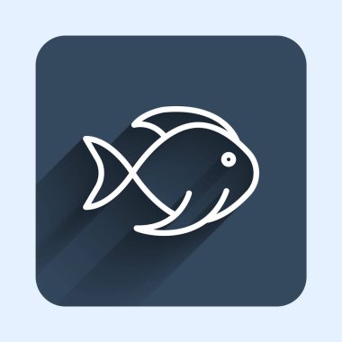 Beyaz çizgi Balık simgesi uzun gölge arkaplan izole. Mavi kare düğme. Vektör.