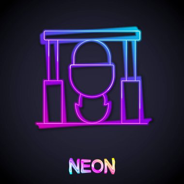 Parlayan neon hattı Kamp Ateşi ve siyah arka planda izole edilmiş tencere ikonu. Ateş kampı, yakacak odun ve alevlerin üzerinde kazanda pişiyor. Vektör.