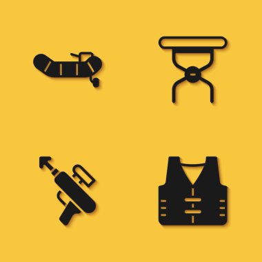 Şişme tekneyi motorlu balıkçı ceketli zıpkınla ve uzun gölgeli katlanabilir sandalye ikonuyla hazırla. Vektör.