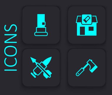 Tahta baltayı, av atölyesini ve ok ikonuyla çapraz mermiyi hazırla. Siyah kare düğme. Vektör.