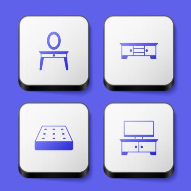 Giyinme masası TV standını döşek ve simge yap. Beyaz kare düğme. Vektör.