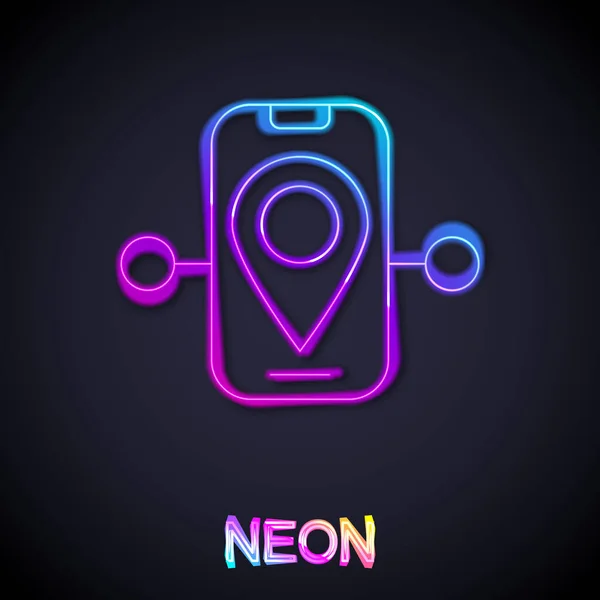 Zářící Neonová Čára Ikona Umístění Trasy Izolovaná Černém Pozadí Trať — Stockový vektor
