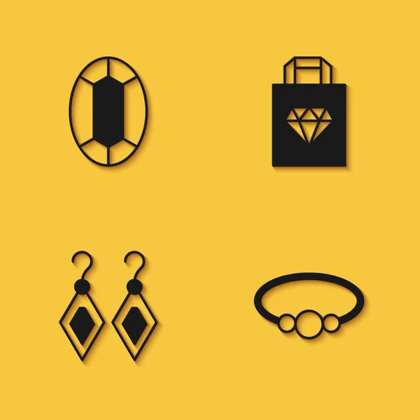 设置宝石手镯珠宝耳环和购物袋图标与长影 — 图库矢量图片