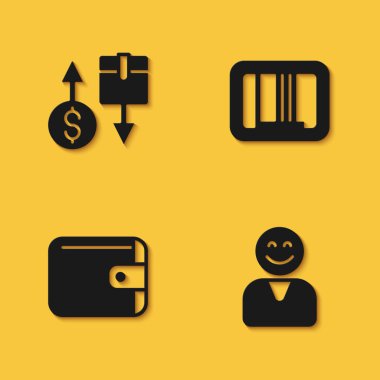 Vergi kutusu Mutlu Müşteri Cüzdanı ve Barkod simgesini uzun gölgeli ayarla. Vektör.