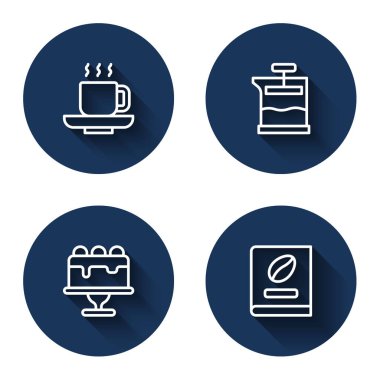 Kahve fincanı, fransız pastası ve uzun gölgeli kitap. Mavi daire düğmesi. Vektör.