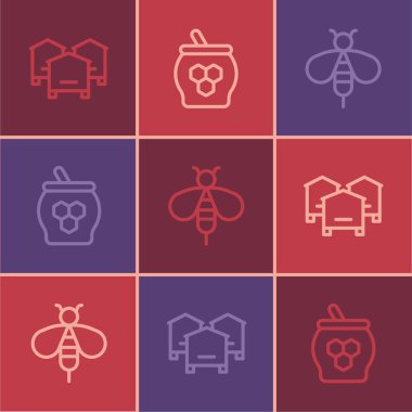 Arılar için Kovan hattı kurun. Arı ve kavanoz bal ve dipper çubuğu ikonu. Vektör.