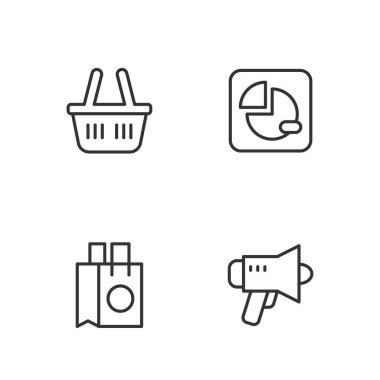 Megaphone Paper alışveriş çantası alışveriş sepeti ve turta grafiği ikonunu ayarla. Vektör.