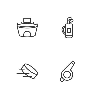 Whistle Hokey Puck Stadyumu ve golf çantasına kulüp simgesi koyun. Vektör.