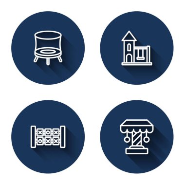 Çocuklar için trambolin sektirme, eğitim, mantık oyunu ve uzun gölgeli atlıkarınca hareketi. Mavi daire düğmesi. Vektör.