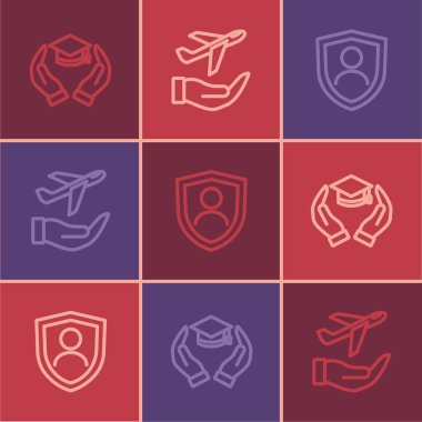 Eğitim hattını kalkan ve uçak el ikonu ile hayat sigortası yap. Vektör.