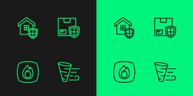 Tornado Fire House 'u kalkan ve teslimat güvenlik ikonu ile hizaya sokun. Vektör.