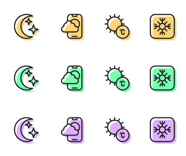 Güneş Ay ve yıldızların hava durumu tahminleri uygulaması ve Kar Tanesi simgesi. Vektör.
