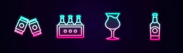 设定系列啤酒可以包装啤酒瓶和玻璃杯 发光的霓虹灯图标 — 图库矢量图片