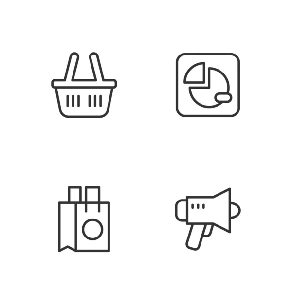 Set Line Megaphone Paper Shopping Bag Shopping Basket Pie Chart — Image vectorielle