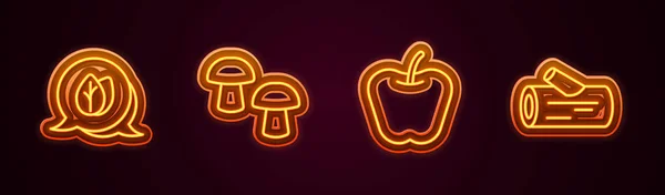 Set Line Leaf Mushroom Apple Wooden Log Glowing Neon Icon — Vetor de Stock