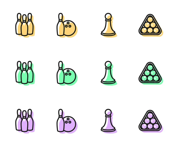 Nastavit Linii Šachový Pěšák Bowling Pin Míč Kulečník Koule Trojúhelník — Stockový vektor