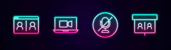 设置线视频聊天会议麦克风和 发光的霓虹灯图标 — 图库矢量图片
