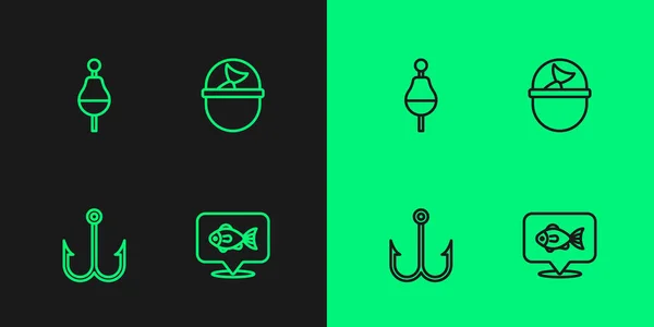 Set Line Location Fishing Fishing Hook Float Bucket Icon Vector — Image vectorielle