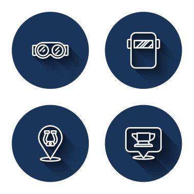 Kaynak gözlüğü, At nalı maskesi ve uzun gölgeli demirci örs aleti. Mavi daire düğmesi. Vektör.