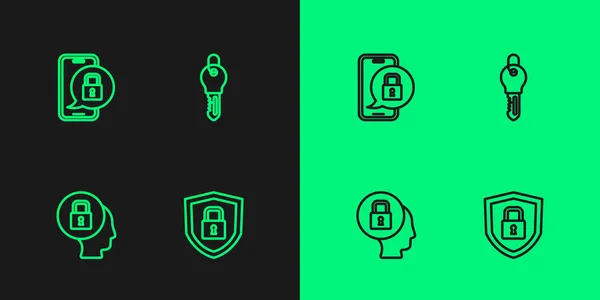 Set Line Shield Security Lock Lock Mobile Closed Padlock Key — Image vectorielle