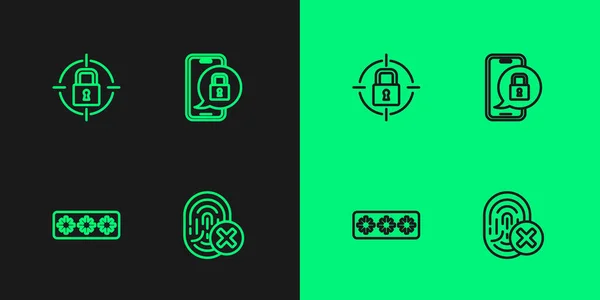 Set Line Cancelled Fingerprint Password Protection Lock Mobile Closed Padlock — Stock vektor
