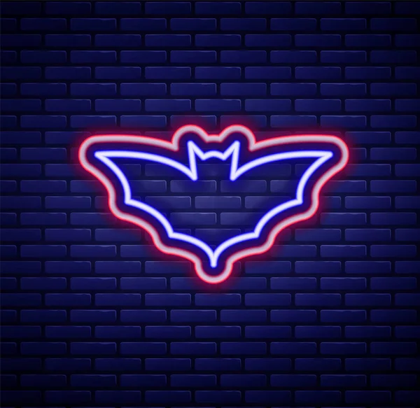 Glödande Neon Linje Flying Bat Ikon Isolerad Tegelvägg Bakgrund Glad — Stock vektor