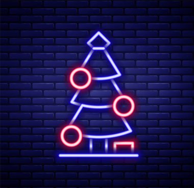 Glowing neon line Christmas tree with decorations icon isolated on brick wall background. Merry Christmas and Happy New Year. Colorful outline concept. Vector.