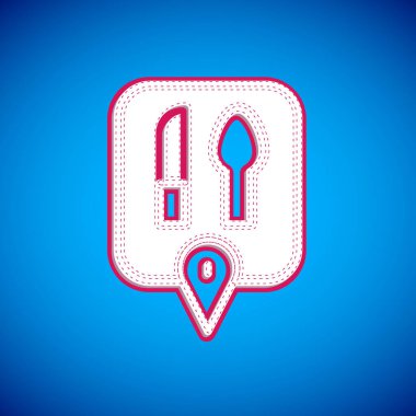 Beyaz Kafe ve Lokanta ikonu mavi arka planda izole edildi. Nokta içinde bıçak ve kaşık yeme işareti var. Vektör..