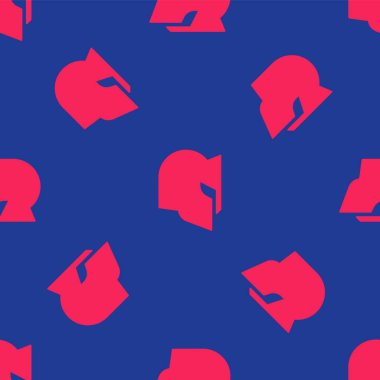 Kırmızı Ortaçağ demir miğferi, kafa koruma ikonu mavi arka planda izole edilmiş pürüzsüz desen. Şövalye miğferi Vektör.