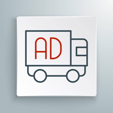 Kamyon simgesindeki çizgi reklamı beyaz arkaplanda izole edildi. Pazarlama ve tanıtım süreci kavramı. İlgili reklamlar. Sosyal medya reklamcılığı. Renkli taslak konsepti. Vektör.