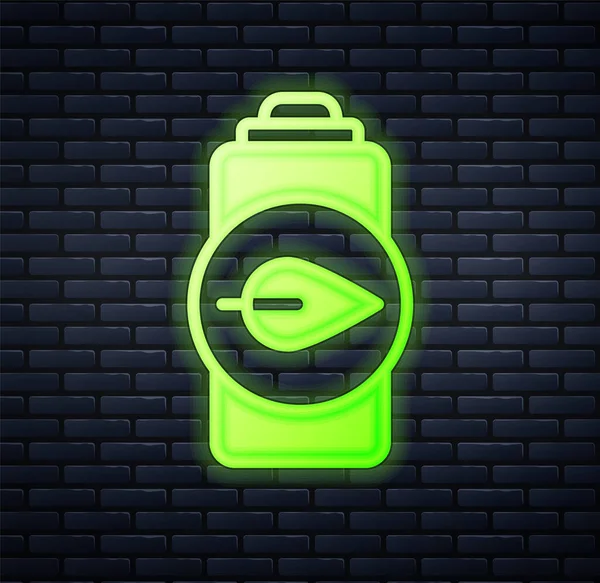 Világító Neon Eco Természet Levél Akkumulátor Ikon Elszigetelt Téglafal Háttér — Stock Vector