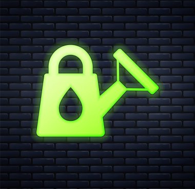 Parlayan neon suyu kutusu ikonu tuğla duvar arkasında izole edilmiş. Sulama sembolü. Vektör.