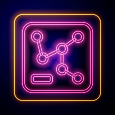 Parlayan neon tren yolu haritası simgesi siyah arkaplanda izole edildi. Vektör.