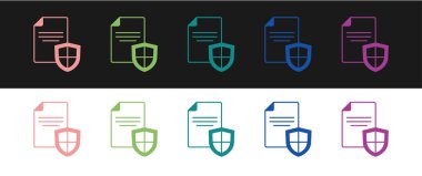 Set Contract with shield icon isolated on black and white background. Insurance concept. Security, safety, protection, protect concept. Vector.