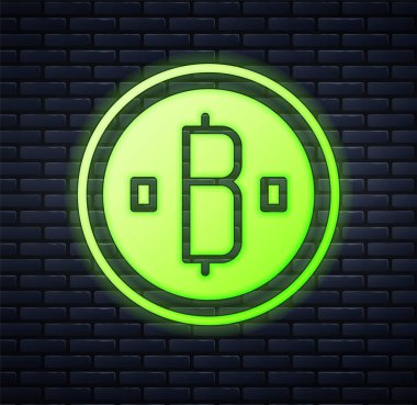 Parlayan neon para birimi Bitcoin simgesi tuğla duvar arkasında izole edilmiş. Madeni para. Engelleme zinciri tabanlı şifreli para birimi. Vektör.