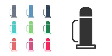 Beyaz arka planda siyah termos konteynır simgesi izole edildi. Termo matara ikonu. Kamp ve yürüyüş ekipmanları. Simgeleri renklendirin. Vektör.