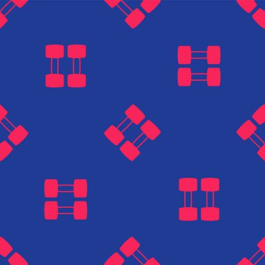 Kırmızı Dumbbell simgesi mavi arkaplanda izole edilmiş. Kas kaldırma, fitness halteri, spor malzemeleri. Vektör.