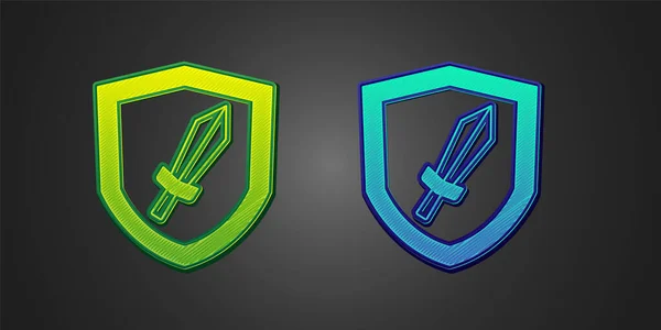 Green Blue Sword Game Icon Isolated Black Background Vector — Stock Vector