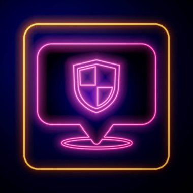 Siyah arkaplanda parlayan neon konum ikonu izole edildi. Sigorta konsepti. Gardiyan. Güvenlik, güvenlik, koruma, gizlilik kavramı. Vektör.
