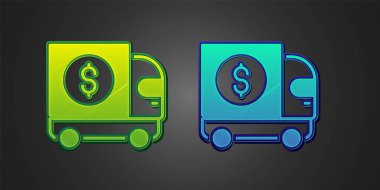 Green and blue Armored truck icon isolated on black background. Vector.